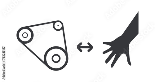 Isolated keep safe distand of hand injury caused by V-belt rotation on machine, symbolizing mechanical hazard and industrial safety warning.