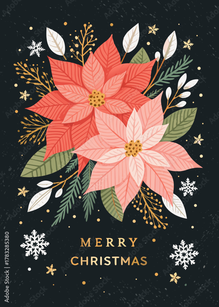 Obraz premium Merry Christmas greeting card set with hand-drawn poinsettia flowers, holly berries, and fir branches. Modern beautiful Xmas design with snowflakes and typography art for a banner, poster, or cover