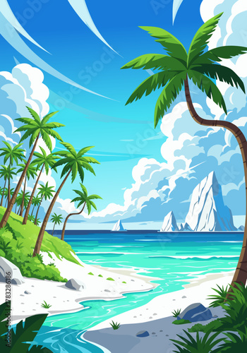 Vector landscape of a peaceful tropical oasis with a white sand beach, lush palm trees, and a clear blue ocean