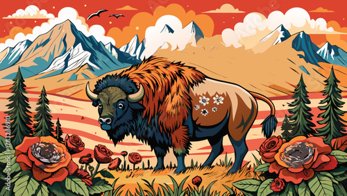 Very beautiful majestic bison standing among stylized roses with distant mountain silhouettes behind it, featuring strong Western atmosphere, clean bold composition, and “WYOMING” in large elegant 