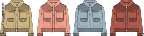 Set of men's casual workwear jackets in four different colors. Fashion technical flat sketch vector illustration for apparel design