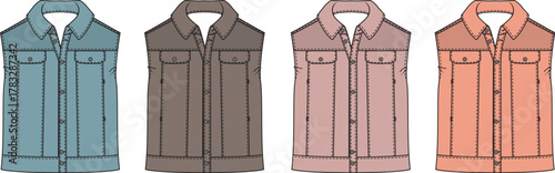 A versatile collection of sleeveless denim vest fashion flat technical sketches. Set of four colorful jean jacket illustrations for clothing design and apparel mockups