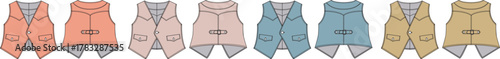 A collection of women's sleeveless waistcoat flat sketches. Fashion technical drawing and apparel design template showing multiple color variations