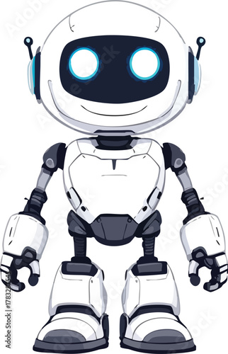 Friendly cartoon-style humanoid robot with glowing blue eyes, smiling face, and articulated limbs vector