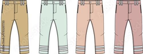 Vector illustration set of workwear trousers in multiple colorways. Technical flat sketch for apparel design and fashion clothing manufacturing concept