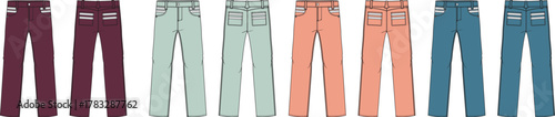 Vector illustration set of colorful five-pocket denim jeans. Technical flat fashion sketch for apparel and clothing design templates