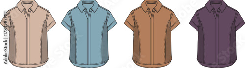 Set of colorful casual short sleeve shirts for men or women. Vector flat design clothing collection and fashion apparel templates isolated