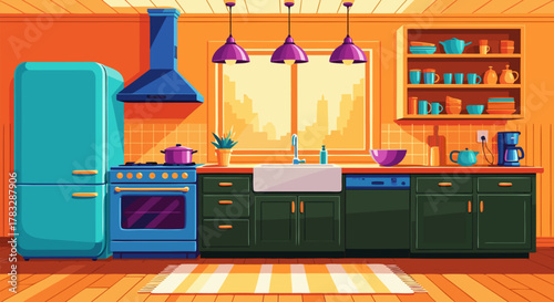 Modern kitchen interior design illustration with colorful furniture and appliances. Cozy home cooking area with a window view in a flat cartoon style