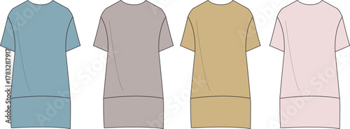 Four t-shirt designs with different colors laid out side by side for fashion illustration