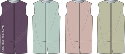 Fashion design illustration of four sleeveless vests in different pastel colors - purple, mint green, pale pink, and beige