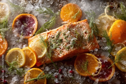 Freshly Caught Salmon Fillet Garnished with Citrus Slices and Herbs on Crushed Ice Perfectly Arranged for Culinary Artistry and Gourmet Presentation captured with clarity