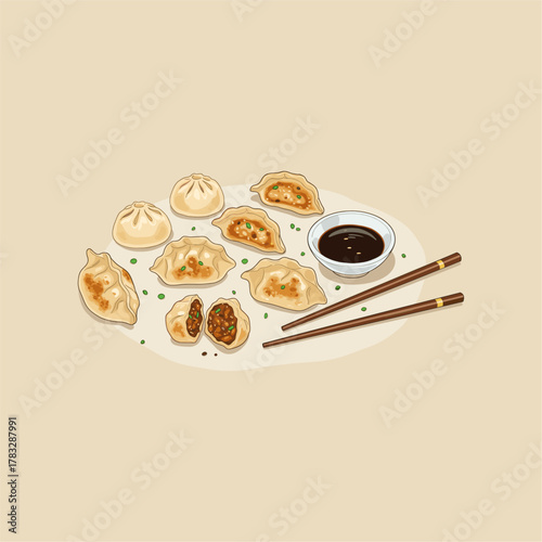 Delectable dumplings surrounded by savory soy sauce