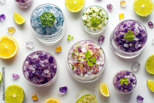 Colorful Edible Crystals Garnished with Fresh Herbs and Citrus Slices Creating a Whimsical Culinary Experience Highlighting Nature's Palette captured with clarity