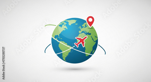 Global travel destinations airplane flight routes international tourism world map location pin adventure