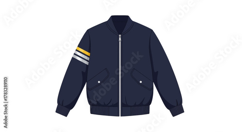 Navy Blue Bomber Jacket with Striped Sleeve Detail.