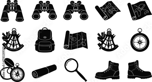 Collection of essential adventure gear, including binoculars, maps, sextants, backpack, compass, magnifying glass, and boots for exploration