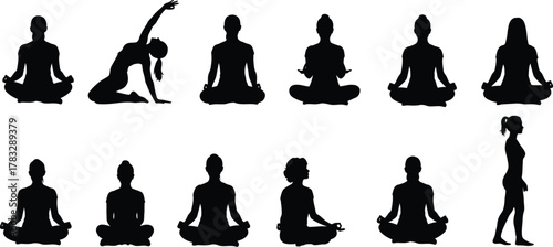 Silhouette collection of yoga poses and lion for logo, emblem, symbol, icon, print, sticker
