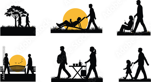 Collection of black silhouette illustrations depicting people enjoying outdoor activities vector art for design needs