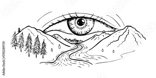 A surreal sketch of an eye whose tears form a flowing river leading into mountains and forests. A poetic, emotional, and deeply symbolic hand-drawn vector on a pristine white background.