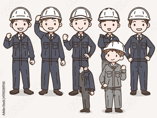 Groupe de travailleurs en uniforme et casque, souriants et célébrant le succès dans un style de dessin animé.