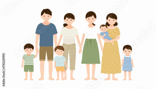 Illustration vectorielle d'une famille nombreuse et diversifiée, parents et enfants, bonheur et unité.