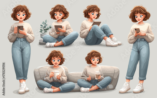 Ensemble de vecteurs d'une jeune femme aux cheveux bouclés dans différentes poses avec un smartphone et une tablette.