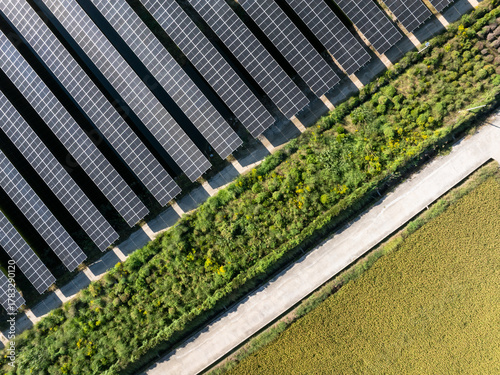Aerial view of vast solar power station