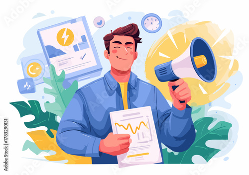 Homme souriant tenant un mégaphone et un rapport financier, symbole d'énergie et de succès