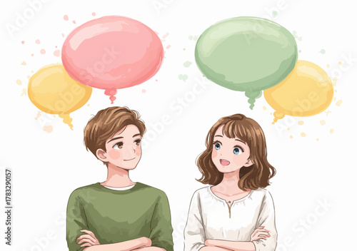 Couple communiquant avec des bulles de pensée colorées, illustration vectorielle de dialogue et d'idées