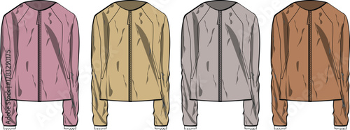 Set of bomber jacket fashion flat sketches. Technical drawing of a women's outerwear garment in four different colorways. Vector illustration template for apparel design