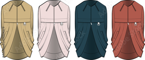 Collection of four stylish trench coats in various color options, showcasing fashion and apparel design
