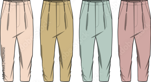 Fashion design technical flat sketch collection of women's casual tapered pants. Vector apparel template with pleats and elastic waist in four pastel colors