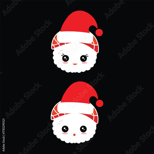 Kawaii sushi nigiri character with santa claus hat on black background