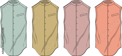Vector fashion design template of men's sleeveless mandarin collar shirts. A collection of summer apparel flat sketches in four color variations for clothing mockups