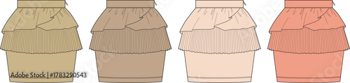 Collection of Four Tiered Skirts Beige, Brown, Peach, and Coral, Ideal for Fashion Design and Apparel
