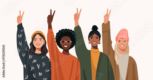 Groupe de femmes diverses levant les doigts en signe de victoire, symbole de paix et d'unité.