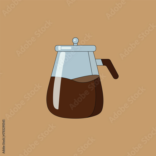 Flat vector illustration of a coffee carafe filled with brewed coffee on brown background