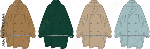 Fashion illustration showcasing a variety of classic double-breasted trench coats in distinct stylish colors, ideal for outerwear and seasonal apparel design concepts