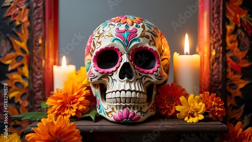 Day of the Dead Skull Altar with Candles and Flowers