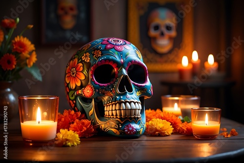 Day of the Dead Sugar Skull with Candles and Marigolds