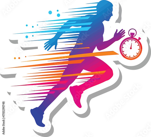 Dynamic gradient silhouette of a runner with speed streaks and a stopwatch, symbolizing athletic performance, energy, and swift progress. Vector