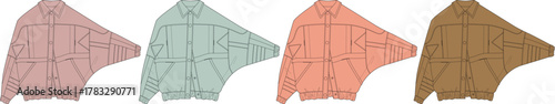 Collection of cartoon-style bomber jackets in various pastel shades, ideal for fashion design mockups and apparel graphics