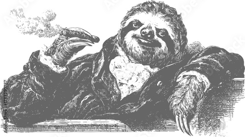 Vintage sloth illustration of a dapper animal in a coat, smoking and displaying sophistication, rendered in black and white vector art.
