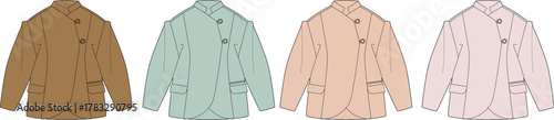 A collection of four stylish jackets in varying shades of brown, mint green, peach, and pink, showcasing classic design and fashion