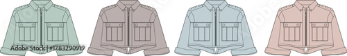 Collection of Four Women's Crop Jackets in Pastel Hues Mint Green, Taupe, Light Blue, and Pale Pink