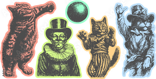 Vintage illustration of cat and clown characters. Set includes playful designs with colorful elements, emphasizing their costumes in a whimsical vector style.