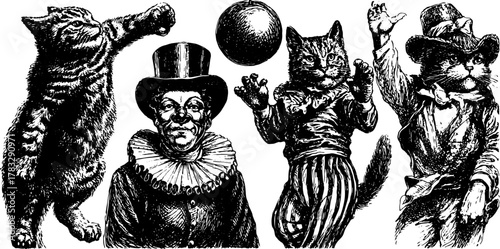 Vintage illustration featuring cats as performers and a clown in a playful set. Black and white vector art captures the whimsical character style.