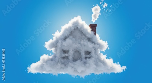 Whimsical dwelling constructed entirely from white vaporous accumulation suspended against bright azure