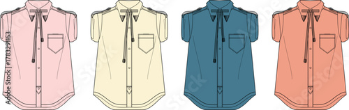 Four variations of a short-sleeved button-up shirt in different pastel colors