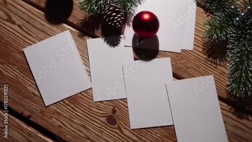 Mockup of a blank greeting card with New Year's decorations, intended for Christmas. The cards are placed on a simple wooden board, with a blank page for writing